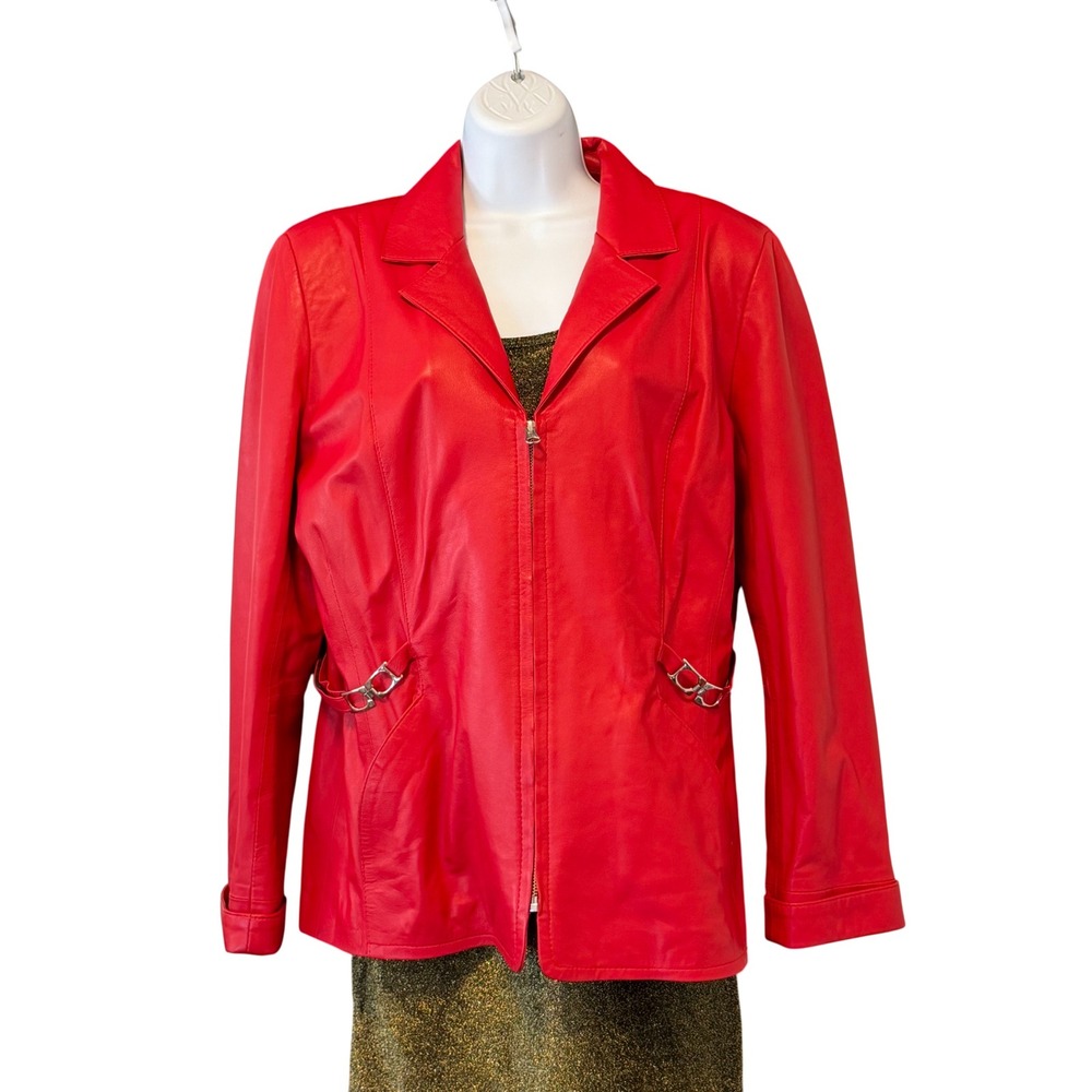 Uru Recoleta Red Leather Blazer Jacket Womens Size 46 Zip Front Buckle Detail